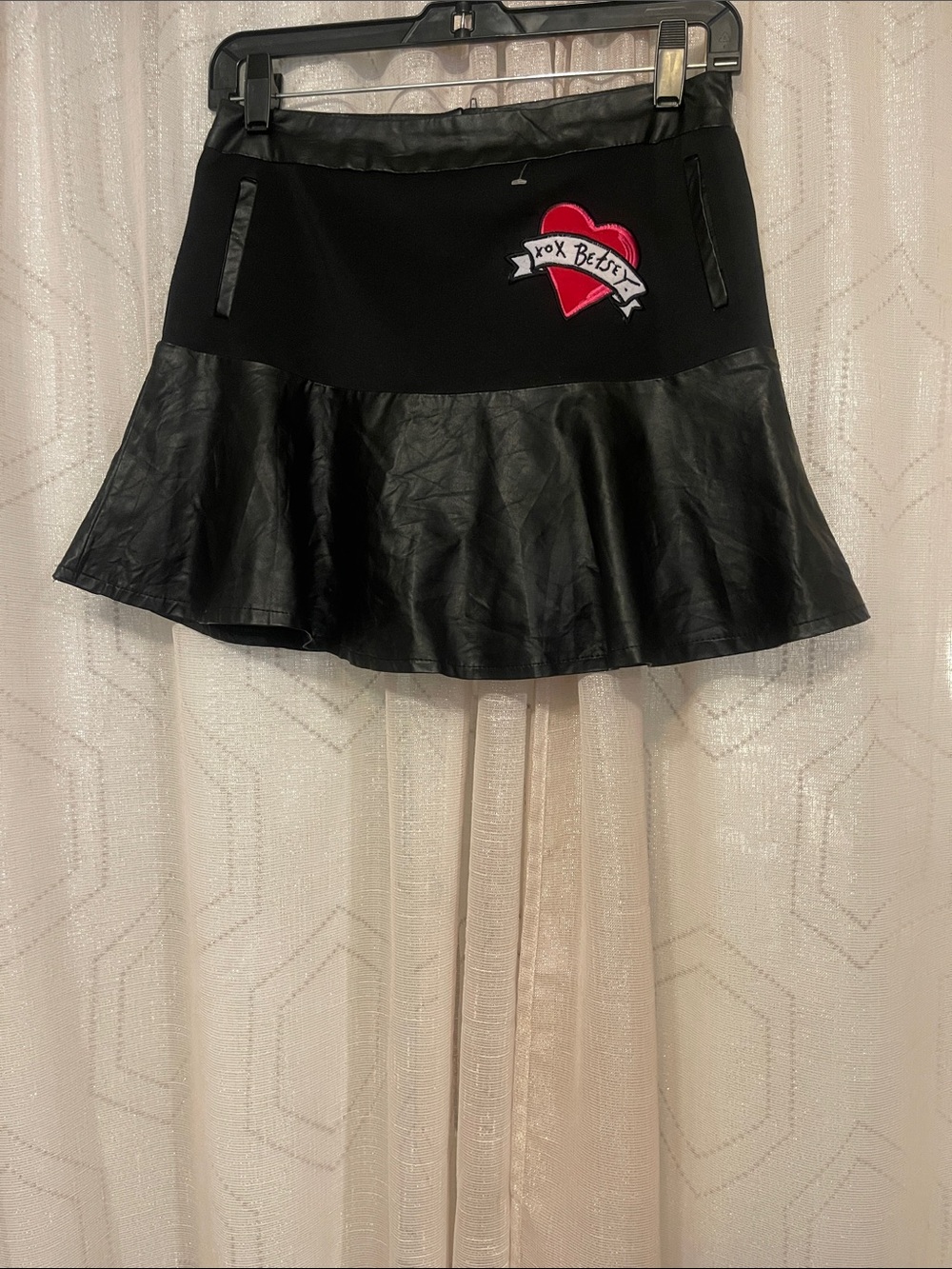 Betsey Johnson Black Skater Skirt Fully Lined with Red Heart Patch Button/Zip